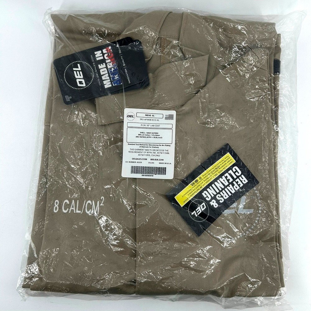 OEL AFW08-KCO-XL Mens XL 8 Cal 50" Lab Coat Khaki FR Arc Flash Rated NWT